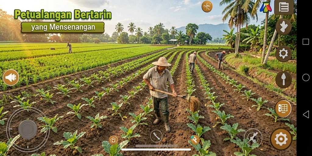 Tangkapan layar dari gameplay 3446 yang menampilkan ladang yang subur dan hewan ternak.