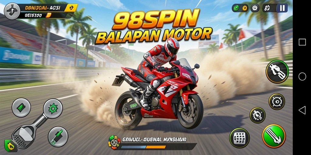 Gameplay 98SPIN dengan aksi balap motor yang mendebarkan.