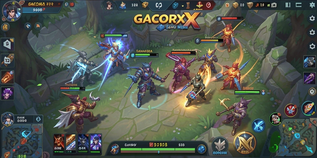 Tampilan utama gameplay GACORX dengan aksi menegangkan di arena MOBA.