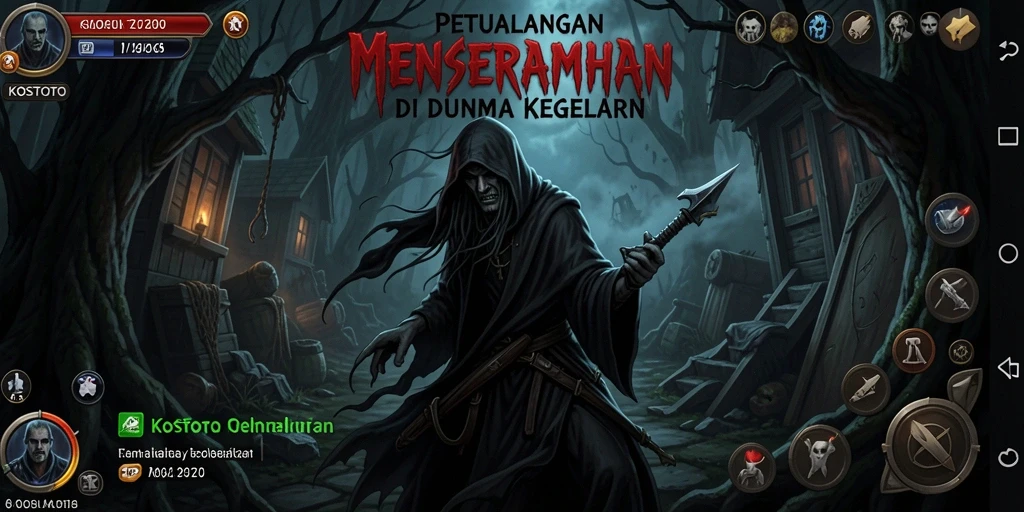 Screenshot gameplay KOSTOTO dengan suasana menegangkan dan makhluk menyeramkan.