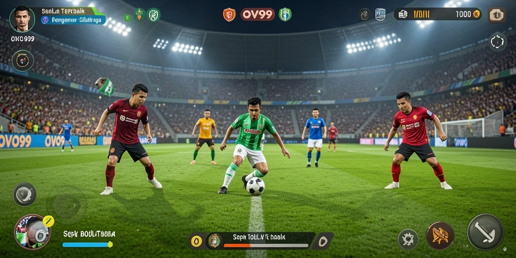 Tangkapan layar gameplay OVO99 menampilkan momen mendebarkan dalam pertandingan sepak bola.
