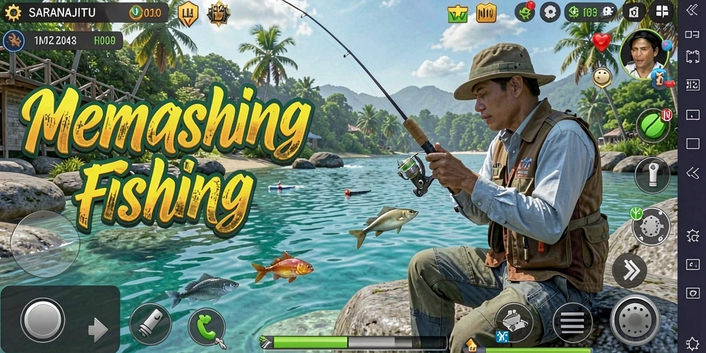 Gameplay SARANAJITU yang menampilkan aksi memancing seru di lautan.
