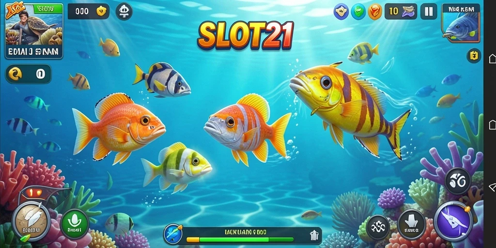 Tampilan gameplay menakjubkan di SLOT21 saat menembak ikan.